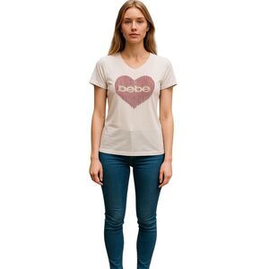 Bebe Women's White Logo T-Shirt Heart with Gemstones Size M